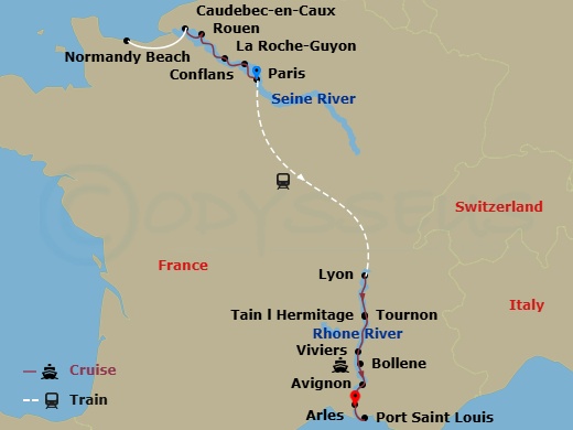 Route map: Paris, France (Embarkation) → La Roche Guyon → Caudebec Excursion To Normandy → Rouen → Conflans → Paris → Paris (Disembarkation)-Lyon (Embarkation) → Lyon → Tain Lhermitage/Tournon → Viviers-Lock Bollene