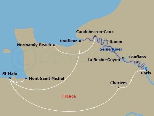 Route map: Paris, France → Paris-Honfleur-Saint-Malo → Saint-Malo Excursion To Mont St Michel → Saint Malo-Chartres-Paris (Embarkation) → La Roche Guyon → Caudebec Excursion To Normandy → Rouen → Conflans → Paris → Paris (Disembarkation)