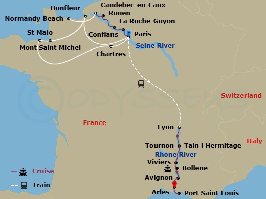 Route map: Paris, France → Paris-Honfleur-Saint-Malo → Saint-Malo Excursion To Mont St Michel → Saint Malo-Chartres-Paris (Embarkation) → La Roche Guyon → Caudebec Excursion To Normandy → Rouen → Conflans → Paris → Paris (Disembarkation)-Lyon (Embarkation)