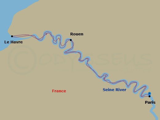 Route map: Paris → Le Havre → Rouen → Paris