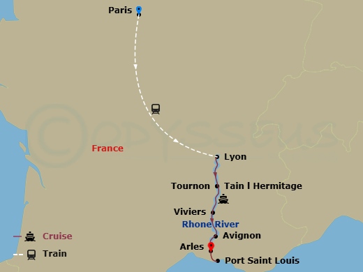 Route map: Paris, France → Paris → Paris-Lyon (Embarkation) → Lyon → Tain Lhermitage/Tournon → Viviers-Lock Bollene → Avignon → Arles → Port-Saint-Louis → Arles (Disembarkation)