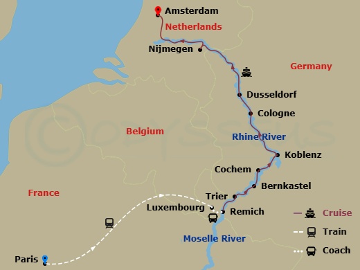 Route map: Paris, France → Paris → Paris-Remich, Luxembourg (Embarkation) → Remich-Trier → Bernkastel, Germany → Cochem → Koblenz-Cologne → Dusseldorf → Nijmegen, The Netherlands → Amsterdam (Disembarkation)
