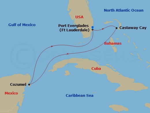 Route map: Port Everglades → Castaway Cay → Cozumel → Port Everglades