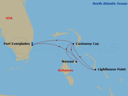 Route map: Port Everglades → Disney Lookout Cay → Castaway Cay → Nassau → Castaway Cay → Port Everglades