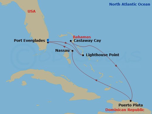 Route map: Port Everglades → Disney Lookout Cay → Castaway Cay → Puerto Plata → Nassau → Port Everglades
