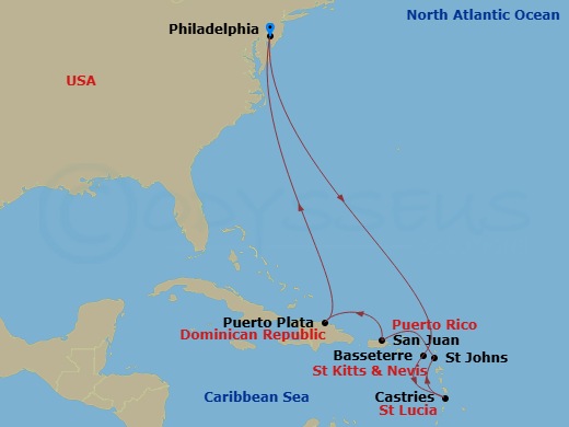Route map: Philadelphia, Pa → Basseterre, Saint Kitts - Nevis → St Lucia, Saint Lucia → St  Johns  Antigua → San Juan, Pr → Puerto Plata, Dominican Republic → Philadelphia, Pa
