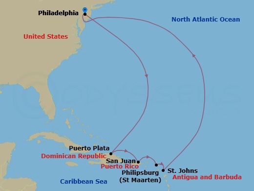 Route map: Philadelphia → Puerto Plata RApublique Dominicaine → San Juan → St Maarten (Philipsburg) → St. Johns → Philadelphia