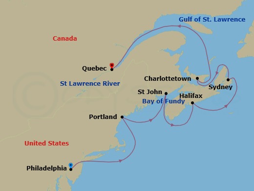 Route map: Philadelphia, Pa → Portland  Maine, Me → Saint John   Bay Of Fundy, Canada → Halifax, Canada → Sydney  Cape Breton Island  Ns, Canada → Charlottetown  Prince Edward I, Canada → Quebec City, Canada