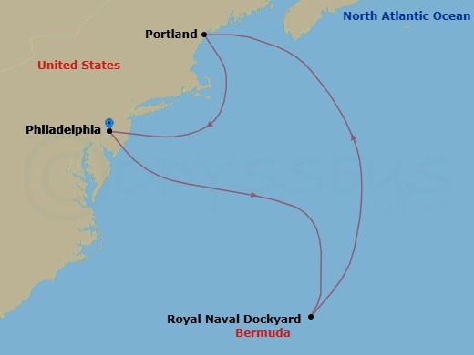 Route map: Philadelphia, Pa → Royal Naval Dockyard, Bermuda → Portland  Maine, Me → Philadelphia, Pa