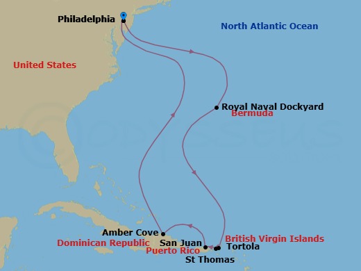 Route map: Philadelphia, Pa → Royal Naval Dockyard, Bermuda → Tortola, British Virgin Islands → St Thomas, Vi → San Juan, Pr → Amber Cove, Dominican Republic → Philadelphia, Pa