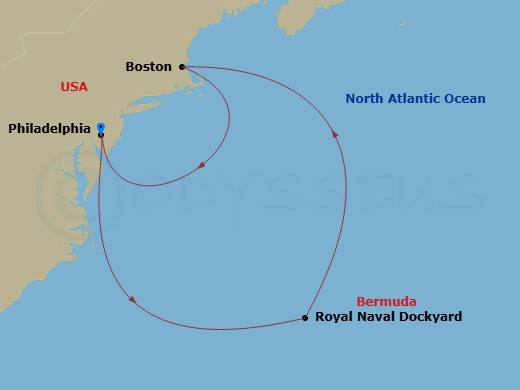 Route map: Philadelphia, Pa → Royal Naval Dockyard, Bermuda → Boston, Ma → Philadelphia, Pa