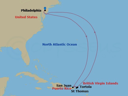 Route map: Philadelphia, Pa → San Juan, Pr → Tortola, British Virgin Islands → St Thomas, Vi → Philadelphia, Pa