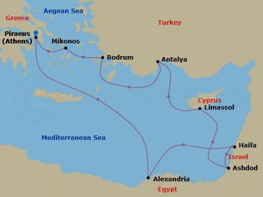 Route map: Piraeus (Athens), Greece → Alexandria (Cairo), Egypt → Haifa (Tel Aviv), Israel → Ashdod (Jerusalem), Israel → Limassol, Cyprus → Antalya, Turkey → Bodrum, Turkey → Mykonos, Greece → Piraeus (Athens), Greece