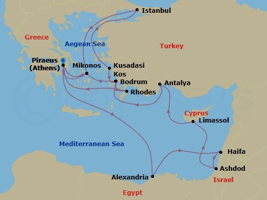 Route map: Piraeus (Athens), Greece → Alexandria (Cairo), Egypt → Haifa (Tel Aviv), Israel → Ashdod (Jerusalem), Israel → Limassol, Cyprus → Antalya, Turkey → Bodrum, Turkey → Mykonos, Greece → Piraeus (Athens), Greece → Mykonos, Greece