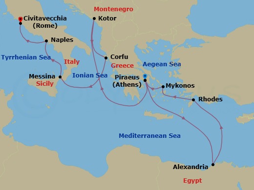 Route map: Piraeus (Athens), Greece → Alexandria (Cairo), Egypt → Rhodes, Greece → Mykonos, Greece → Piraeus (Athens), Greece → Kotor, Montenegro → Kerkira, Nisos Kerkira (Corfu), Greece → Messina, Italy → Naples (Pompeii/Amalfi), Italy → Civitavecchia (Rome), Italy