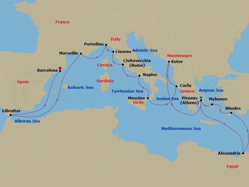 Route map: Athens (Piraeus) → Alexandria → Rhodes → Mykonos → Athens (Piraeus) → Kotor → Bay of Kotor → Corfu → Messina → Messina Strait
