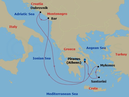 Route map: Athens (Piraeus), Greece → Bar, Montenegro → Dubrovnik, Croatia → Mykonos, Greece → Santorini, Greece → Athens (Piraeus), Greece