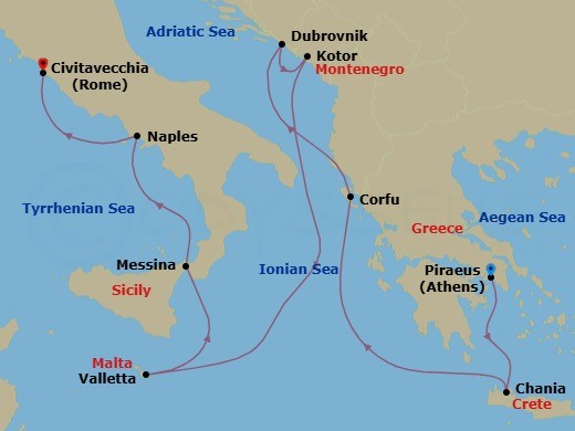 Route map: Piraeus (Athens), Greece → Souda (Chania), Greece → Kerkira, Nisos Kerkira (Corfu), Greece → Dubrovnik, Croatia → Kotor, Montenegro → Valletta, Malta → Messina, Italy → Naples (Pompeii/Amalfi), Italy → Civitavecchia (Rome), Italy