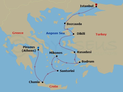 Route map: Athens (Piraeus) → Chania (Crete) → Santorini → Mykonos → Bodrum → Kusadasi → Dikili → Bozcaada → Istanbul