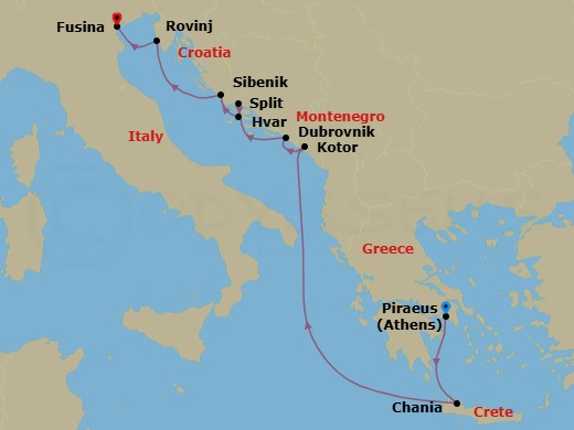 Route map: Athens (Piraeus) → Chania, Crete → Kotor → Dubrovnik → Split → Hvar → Sibenik → Rovinj (Istria) → Venice (Fusina)