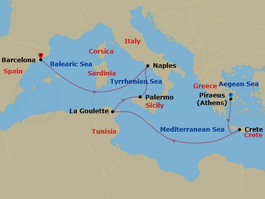 Route map: Piraeus (Athens) → Souda Bay (Crete) → La Goulette (Tunis) → Palermo → Naples → Barcelona