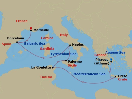 Route map: Piraeus (Athens) → Souda Bay (Crete) → La Goulette (Tunis) → Palermo → Naples → Barcelona → Marseille