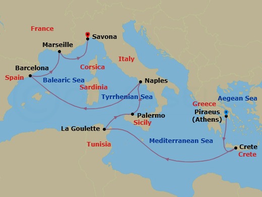 Route map: Piraeus (Athens) → Souda Bay (Crete) → La Goulette (Tunis) → Palermo → Naples → Barcelona → Marseille → Savona