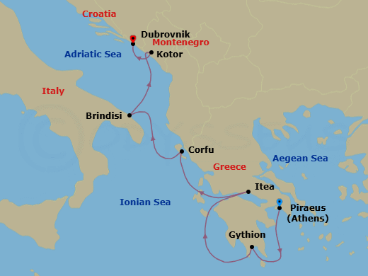 Route map: Piraeus (Athens), Greece → Gythion (Sparta), Greece → Itea (Delphi), Greece → Corfu, Greece → Brindisi (Lecce), Italy → Kotor, Montenegro → Dubrovnik, Croatia