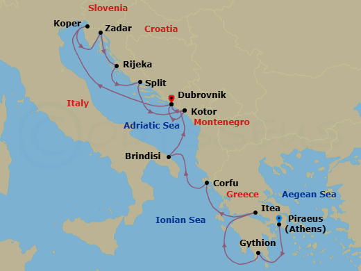 Route map: Piraeus (Athens), Greece → Gythion (Sparta), Greece → Itea (Delphi), Greece → Corfu, Greece → Brindisi (Lecce), Italy → Kotor, Montenegro → Dubrovnik, Croatia → Koper, Slovenia → Rijeka, Croatia → Zadar, Croatia