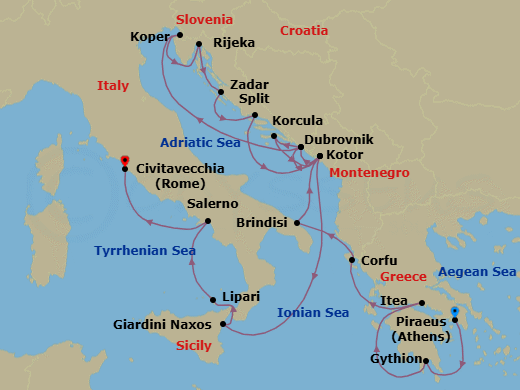 Route map: Piraeus (Athens), Greece → Gythion (Sparta), Greece → Itea (Delphi), Greece → Corfu, Greece → Brindisi (Lecce), Italy → Kotor, Montenegro → Dubrovnik, Croatia → Koper, Slovenia → Rijeka, Croatia → Zadar, Croatia