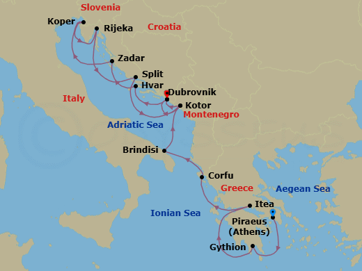 Route map: Piraeus (Athens), Greece → Gythion (Sparta), Greece → Itea (Delphi), Greece → Corfu, Greece → Brindisi (Lecce), Italy → Kotor, Montenegro → Dubrovnik, Croatia → Hvar, Croatia → Zadar, Croatia → Koper, Slovenia