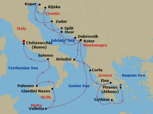 Route map: Piraeus (Athens), Greece → Gythion (Sparta), Greece → Itea (Delphi), Greece → Corfu, Greece → Brindisi (Lecce), Italy → Kotor, Montenegro → Dubrovnik, Croatia → Hvar, Croatia → Zadar, Croatia → Koper, Slovenia