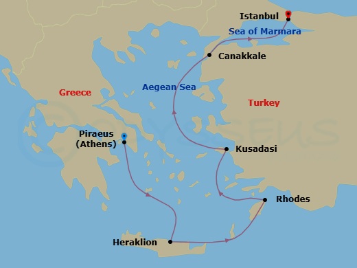 Route map: Athens (Piraeus) → Athens → Crete (Heraklion) → Rhodes → Ephesus (Kusadasi) → Troy (Canakkale) → Istanbul