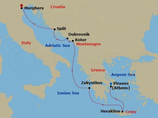 Route map: Piraeus (Athens) → Heraklion (Crete) → Zakynthos → Kotor → Dubrovnik → Split → Marghera (Venice)