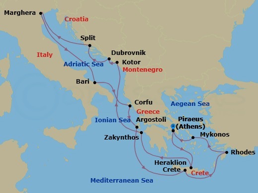 Route map: Piraeus (Athens) → Heraklion (Crete) → Zakynthos → Kotor → Dubrovnik → Split → Marghera (Venice) → Bari → Corfu → Argostoli (Kefalonia)