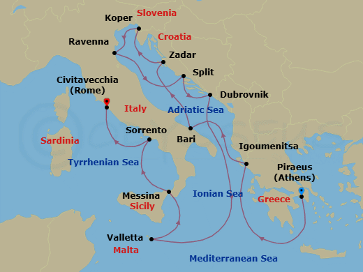 Route map: Athens (Piraeus) → Igoumenitsa → Bari → Zadar → Koper → Ravenna → Split → Dubrovnik → Valletta → Messina (Sicily)