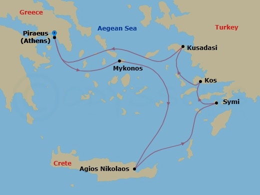 Route map: Piraeus (Athens), Greece → Mykonos, Greece → Agios Nikolaos, Crete, Greece → Symi, Greece → Kos, Greece → Kusadasi (Ephesus), Turkey → Piraeus (Athens), Greece