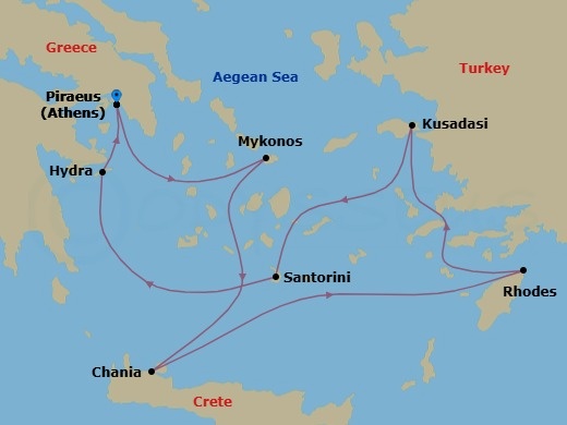 Route map: Athens (Piraeus), Greece → Mykonos, Greece → Chania (Souda),Crete, Greece → Rhodes, Greece → Ephesus (Kusadasi), Turkey → Santorini, Greece → Hydra, Greece → Athens (Piraeus), Greece