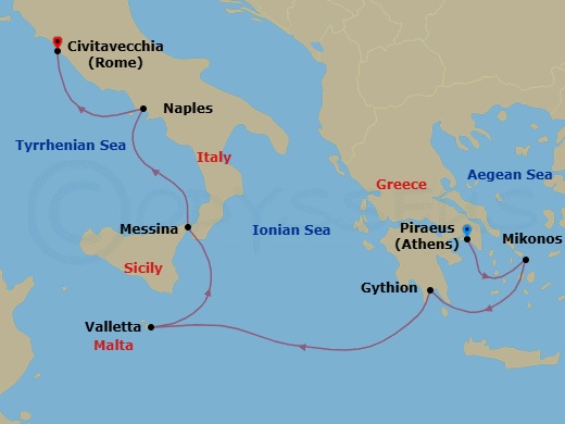 Route map: Athens (Piraeus) → Mykonos → Gythion → Valletta → Messina (Sicily) → Naples/Pompeii → Rome (Civitavecchia)