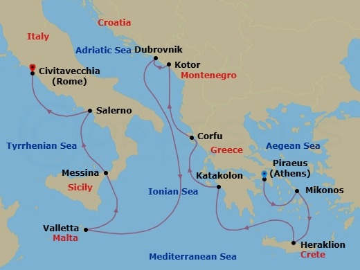 Route map: Athens (Piraeus) → Mykonos → Heraklion (Crete) → Katakolon → Corfu → Kotor → Dubrovnik → Valletta → Messina (Sicily) → Salerno