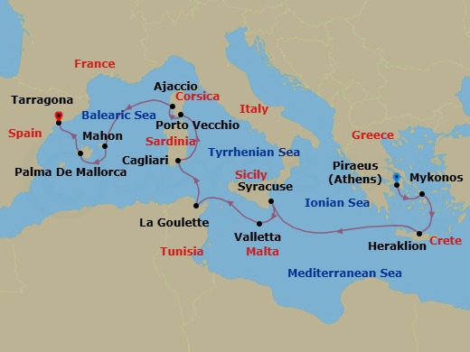 Route map: Athens (Piraeus) → Mykonos → Heraklion → Syracuse → Valletta → La Goulette → Cagliari → Porto Vecchio, Corsica → Marseille (Provence), France → Genoa (Portofino) Italien