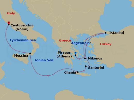 Route map: Piraeus (Athens), Greece → Mykonos, Greece → Istanbul, Turkey → Thira (Santorini), Greece → Souda (Chania), Greece → Messina, Italy → Civitavecchia (Rome), Italy