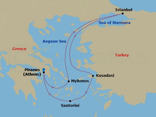 Route map: Athens (Piraeus) → Mykonos → Istanbul → Kusadasi → Santorini → Athens (Piraeus)