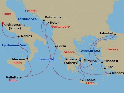 Route map: Piraeus (Athens), Greece → Mykonos, Greece → Istanbul, Turkey → Kusadasi (Ephesus), Turkey → Kos, Greece → Rhodes, Greece → Piraeus (Athens), Greece → Souda (Chania), Greece → Kerkira, Nisos Kerkira (Corfu), Greece → Dubrovnik, Croatia