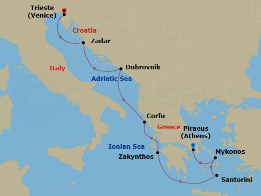 Route map: Athens (Piraeus) → Mykonos → Santorini → Zakynthos → Corfu → Dubrovnik → Zadar → Trieste
