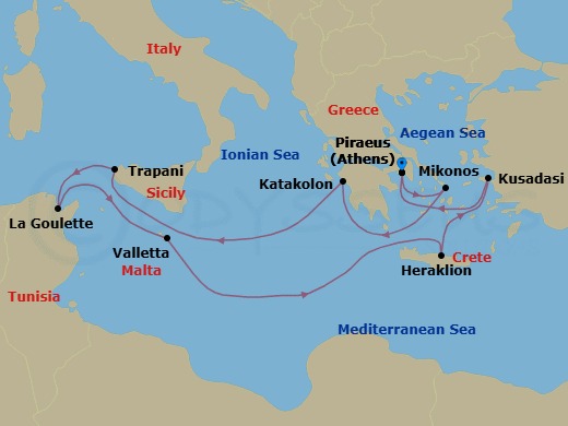 Route map: Athens (Piraeus) → Mykonos → Katakolon → Trapani (Sicily) → La Goulette → Valletta → Heraklion (Crete) → Kusadasi → Athens (Piraeus)