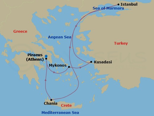 Route map: Athens (Piraeus) → Mykonos → Kusadasi → Istanbul → Chania → Athens (Piraeus)