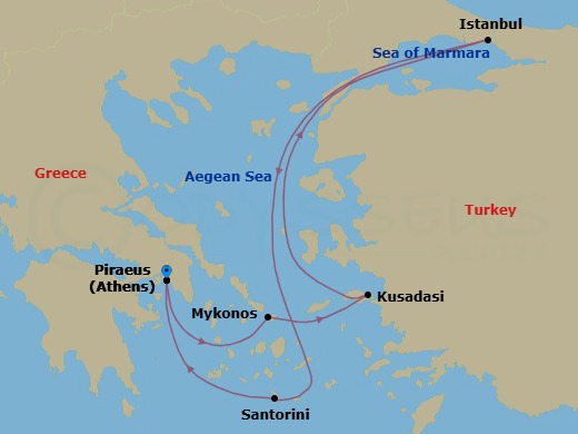 Route map: Athens (Piraeus), Greece → Mykonos, Greece → Ephesus (Kusadasi), Turkey → Istanbul, Turkey → Santorini, Greece → Athens (Piraeus), Greece
