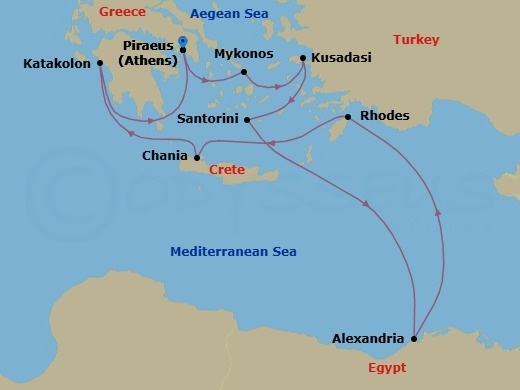 Route map: Athens (Piraeus), Greece → Mykonos, Greece → Ephesus (Kusadasi), Turkey → Santorini, Greece → Alexandria, Egypt → Rhodes, Greece → Chania (Souda),Crete, Greece → Olympia (Katakolon), Greece → Athens (Piraeus), Greece