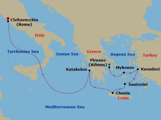 Route map: Athens (Piraeus), Greece → Mykonos, Greece → Ephesus (Kusadasi), Turkey → Santorini, Greece → Chania (Souda),Crete, Greece → Olympia (Katakolon), Greece → Rome (Civitavecchia), Italy
